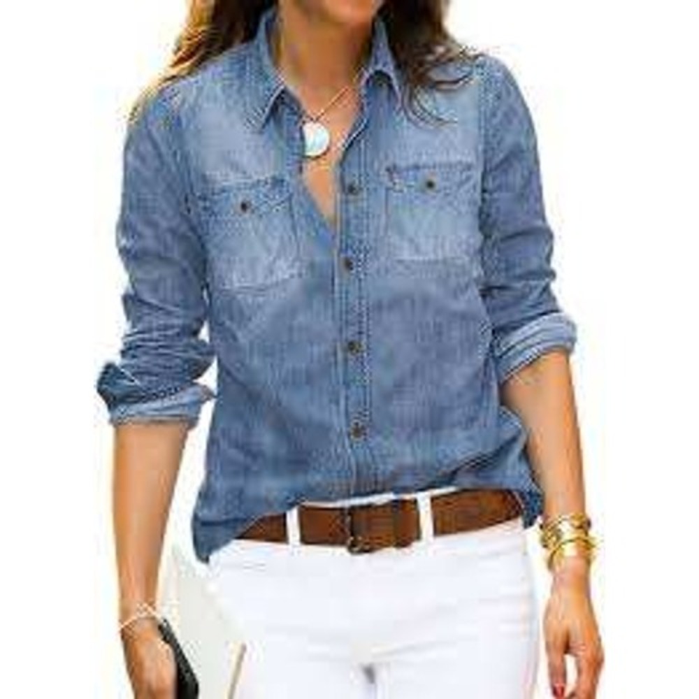 Luvamia Womens Light Wash Denim Chambray Button Down Shirt Blue Medium